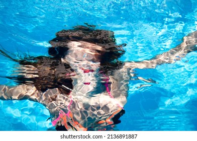 Woman Under Sea Water. Summer Vacation. Underwater.