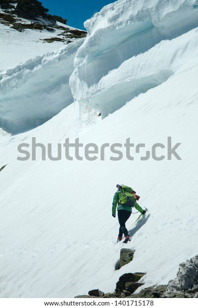 Woman Under Snow Cornice Mountain On Stock Photo Edit Now 1401715178