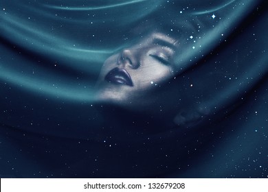 Woman Under Transparent Textile With Stars