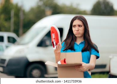 Woman Unsatisfied With Internet Order Receiving Bad Shoes. Customer Unhappy With Quality Of Online Internet Order
