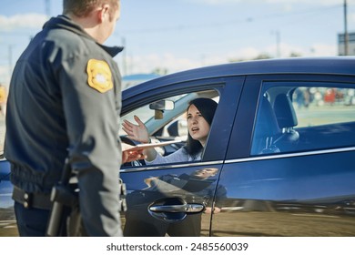 Woman, upset and traffic officer with ticket for checkpoint, security and crime investigation on highway. Police, law and driver registration for car accident, dui or road safety with guilty person