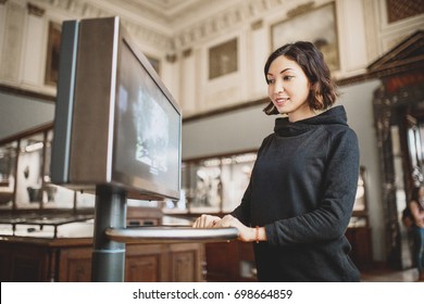 Woman Use Interactive Modern Monitor In Museum, Educational Technologies Concept