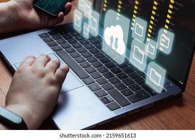 Woman use laptop with cloud computing diagram. Cloud technology. Data storage. Networking and internet service concept.