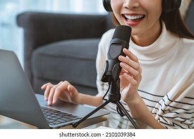 Woman Use Microphones Wear Headphones With Laptop Record Podcast. Content Creator Concept.