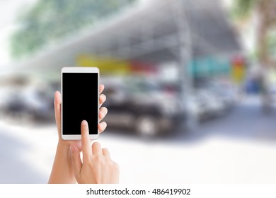 Woman Use Mobile Phone And Blurred Image Of Used Car Tent ,second Hand Cars For Sale