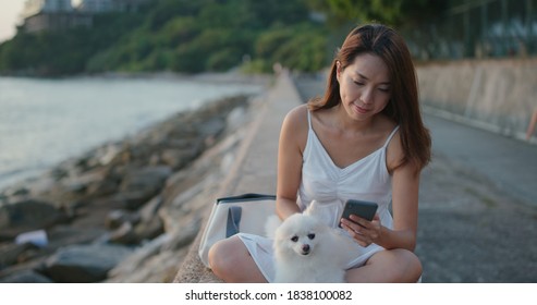 Woman Use Of Mobile Phone With Her Dog