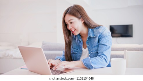 Woman Use Phone And Computer Work At Home