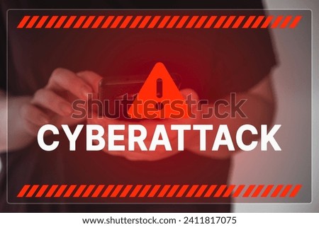 Woman use smartphone with cyberattack window hologram interface. Cyber crime concept. Hacker attack.