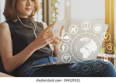 Woman Use Smartphone And Laptop, Internet Of Things Conceptual, Globalization Omni Channel Communication