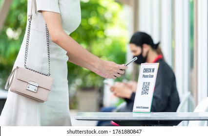 Woman Use Smartphone Scan Qr Code For Entering Restaurant For Application Track And Trace Customer