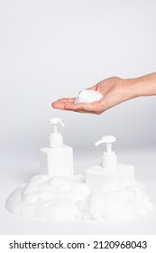 Woman Use Soap And Washing Hands, White Background.