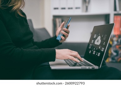 A woman uses a laptop and smartphone, showcasing AI-powered cloud computing. Integration of technology in modern life, accessibility and efficiency. AI, cloud computing, tech advancements concepts.