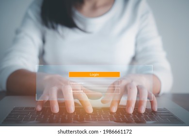 Woman using access window to log in entering password on laptop, Sign up username password Enter log in, Cyber protection, Information privacy. Protection Internet and technology Concept.