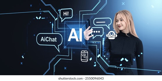 Woman using AI chatbot on a futuristic digital interface with speech bubbles and icons, on a blue background. Concept of AI communication - Powered by Shutterstock