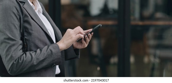 Woman Using Apps On A Mobile Touchscreen Smartphone. Concept For Using Technology, Shopping Online, Mobile Apps, Texting, Addiction, Swipe Up, Swipe Down.