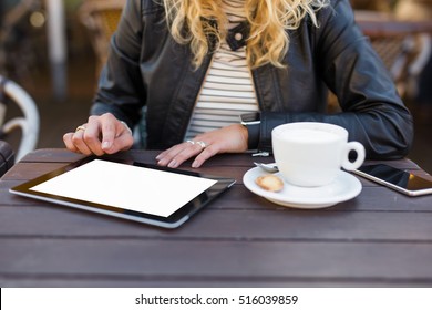 Woman Using Blank Screen Tablet