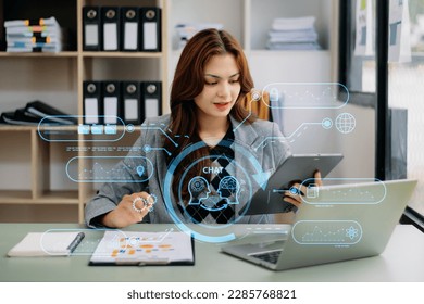 Woman using chat bot in smartphone intelligence Ai. Chat with AI Artificial Intelligence, developed by OpenAI generate. robot in online system. in office