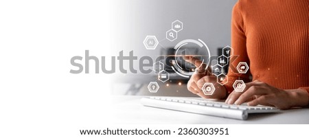 Woman using a computer for analysis SEO Search Engine Optimization Marketing Ranking Traffic Website Internet Business Technology Concept.