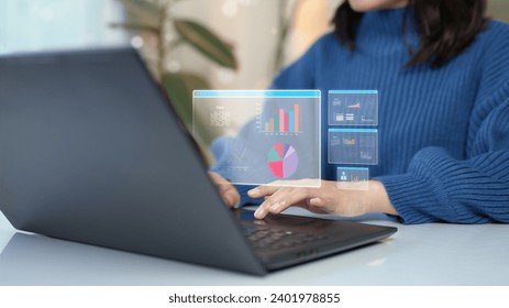 Woman using computer with big data graph Statistical analysis. Program developer, software, apps, corporate business innovation.