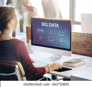 Woman using computer cloud network graphic overlay
