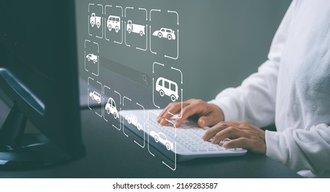 woman using computer to find information To use in her decision to buy a car, Automobile. rental,Vehicle insurance,buy a new car online - Shutterstock ID 2169283587