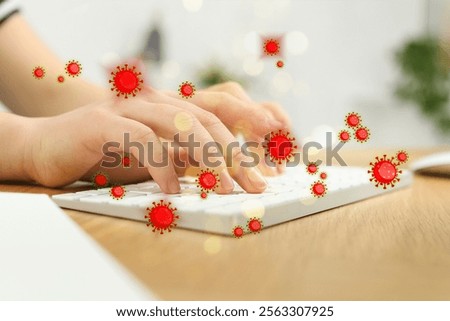 Woman using computer keyboard, closeup. Pathogens transmission, illustration of microbes