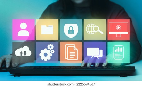 Woman using computer with management document icons interface for data management system concept. Documentation database and digital file storage system software. DMS.