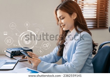 Woman using computer, tablet and presses his finger on the virtual screen inscription Hosting on desk, Web hosting concept, Internet, business, digital technology concept.