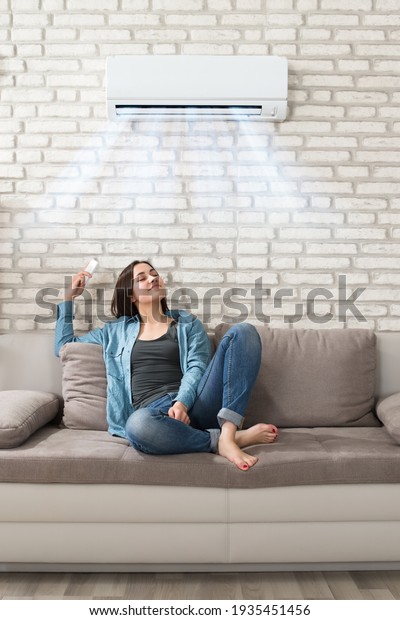 Woman\
Using Conditioner In Room. Living Room\
Cooling