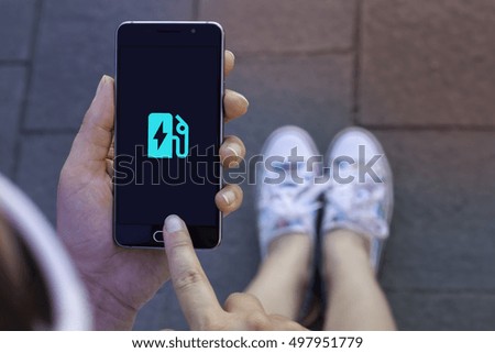 Woman using  contemporary modern smartphone to access local shipping service. Vertical mockup.Material design icon used