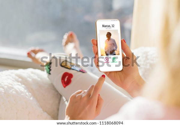 Woman Using Dating App On Mobile Stock Photo (Edit Now) 1118068094