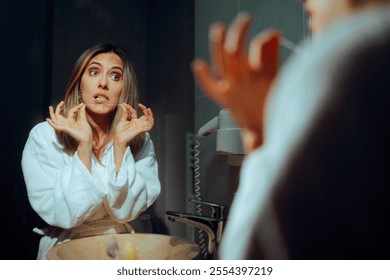 
Woman using Dental Floss while Looking in the Mirror. Lady taking care of her oral health using hygiene products 
 - Powered by Shutterstock