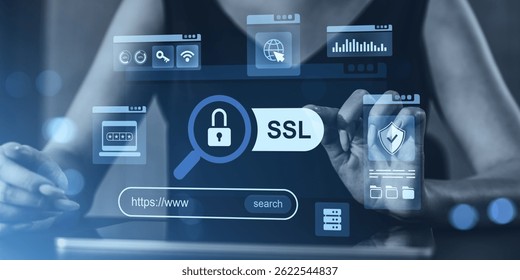 Woman using digital interface with SSL icon, lock symbol, browser windows, and HTTPS address bar on dark tech background, symbolizing cybersecurity - Powered by Shutterstock - Get 15% off with code: PIKWIZARD15