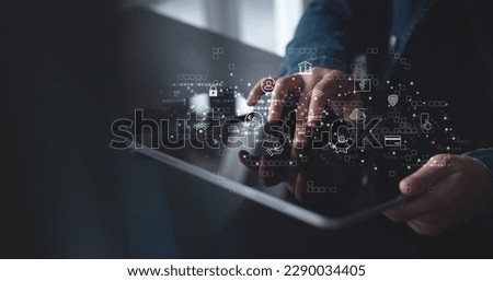 Woman using digital tablet for online banking with global network on virtual screen. E-commerce. Online payment via mobile banking app, E-transaction, virtual bank, financial technology concept