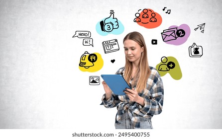 Woman using a digital tablet, surrounded by colorful social media icons on a light background. Concept of digital communication - Powered by Shutterstock