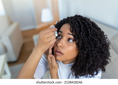 Woman Using Eye Drop, Woman Dropping Eye Lubricant To Treat Dry Eye Or Allergy, Sick Woman Treating Eyeball Irritation Or Inflammation Woman Suffering From Irritated Eye, Optical Symptoms