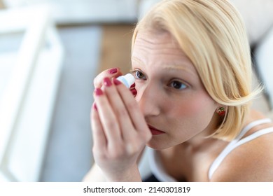 Woman Using Eye Drop, Woman Dropping Eye Lubricant To Treat Dry Eye Or Allergy; Sick Asian Girl Treating Eyeball Irritation Or Inflammation; Sick Woman Suffering From Irritated Eye, Optical Symptoms