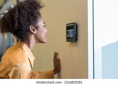 Woman using face scanner to unlock door in office building. Access control facial recognition system. Biometric admittance control device for security system. Biometric admittance control device  - Shutterstock ID 2216835281