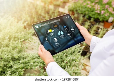 Woman using innovative smart tech for greenhouse plant management - Powered by Shutterstock