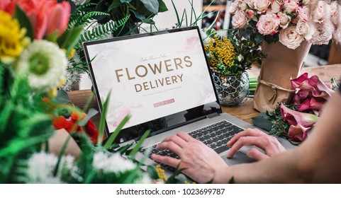 Woman Using Interface Of Online Flower Shop