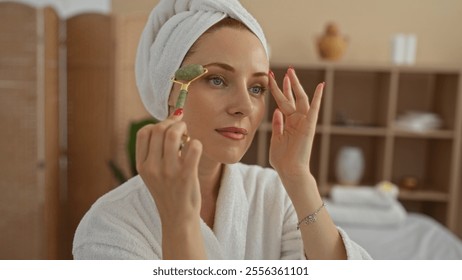 Woman using jade roller in beauty spa, wearing bathrobe and towel on head, with serene interior in background highlighting self-care and relaxation - Powered by Shutterstock