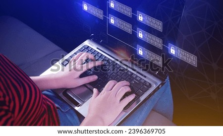 Woman using a laptop computer to Blockchain technology concept with chain of encrypted blocks to secure cryptocurrencies and bitcoin for online payments and money transaction.