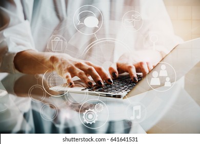 Woman using laptop with creative digital pattern. Communication concept - Shutterstock ID 641641531