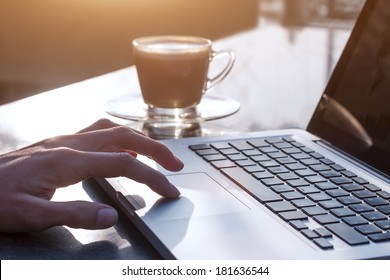 Woman Using Laptop With A Cup Of Coffee