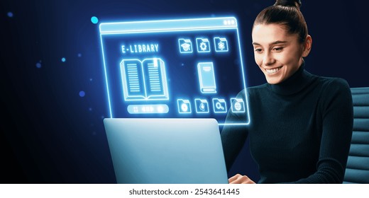 Woman using laptop with digital e-library interface, glowing neon icons on dark background. Concept of online learning and technology - Powered by Shutterstock - Get 15% off with code: PIKWIZARD15