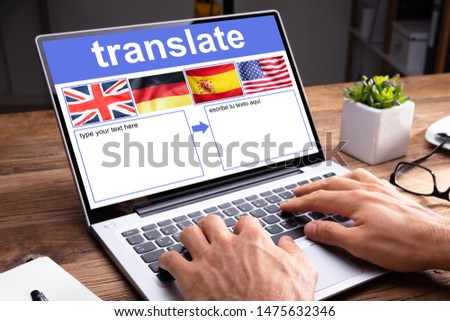 Woman Using Laptop Showing Language Translate Application With Country Flag At Home