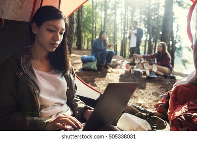 Woman Using Laptop Traveling Destination Camping Concept