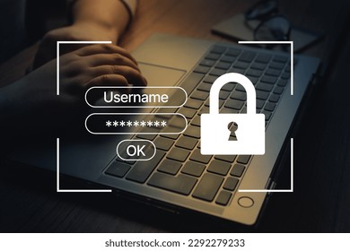 Woman using laptop with VR interface of secure access to user's personal information. Sign in or register with username and password. Cyber security and data protection. - Powered by Shutterstock