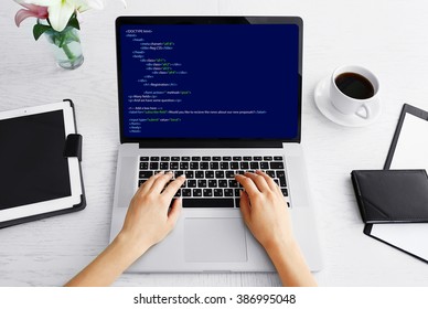 Woman Using Laptop, Writing Programming Code On Laptop