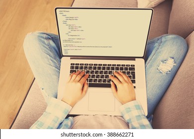 Woman Using Laptop, Writing Programming Code On Laptop